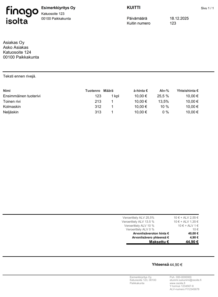 Finago Isoltalla luotu kuitti.